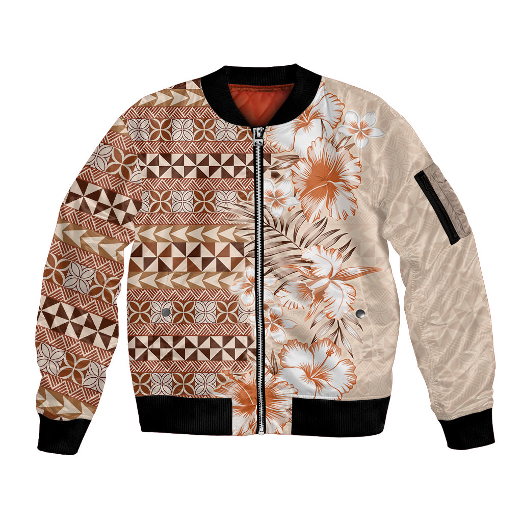 Pasifika Sataoa Pattern Plumeria Vintage Sleeve Zip Bomber Jacket Brown Beige Tan LT9 Unisex Brown - Polynesian Pride