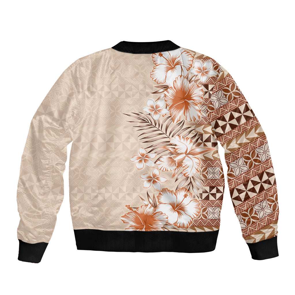 Pasifika Sataoa Pattern Plumeria Vintage Sleeve Zip Bomber Jacket Brown Beige Tan LT9 - Polynesian Pride