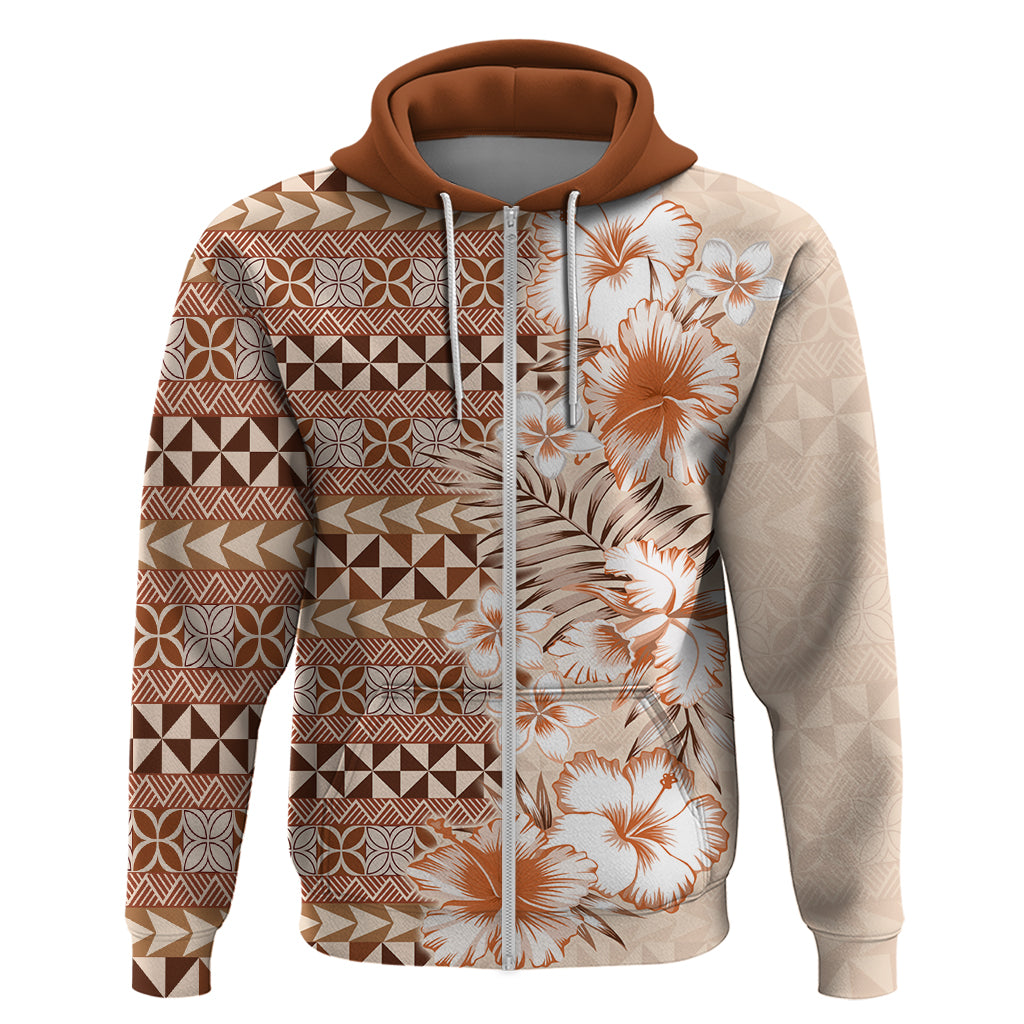 Pasifika Sataoa Pattern Plumeria Vintage Zip Hoodie Brown Beige Tan LT9 Zip Hoodie Brown - Polynesian Pride