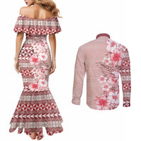 Pasifika Sataoa Pattern Plumeria Vintage Couples Matching Mermaid Dress and Long Sleeve Button Shirt Cherry LT9 - Polynesian Pride