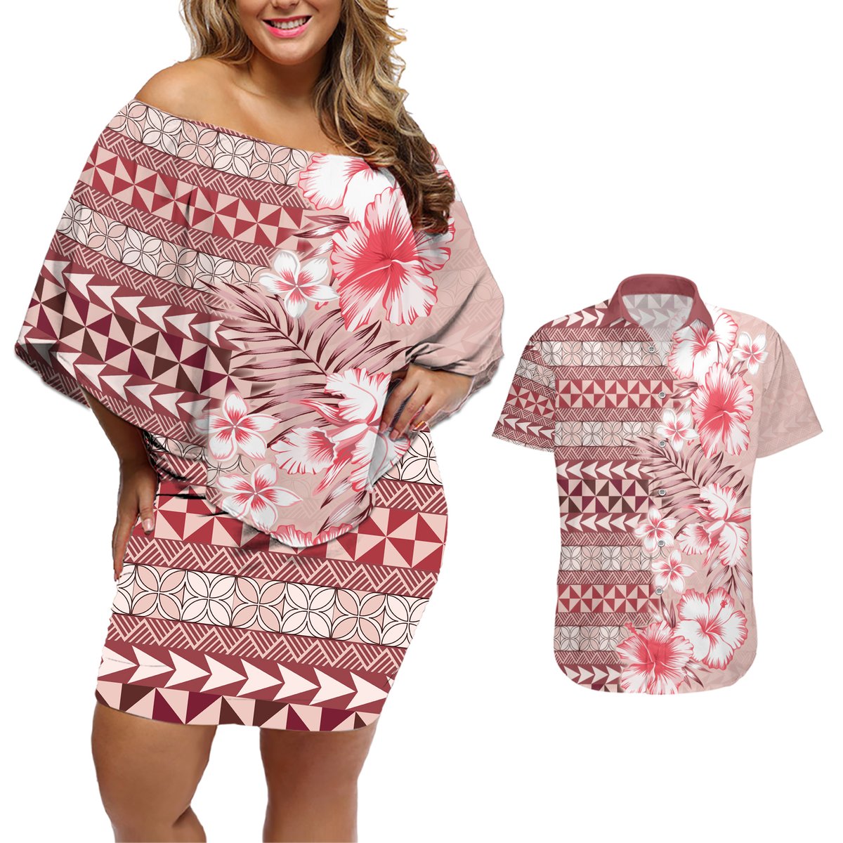 Pasifika Sataoa Pattern Plumeria Vintage Couples Matching Off Shoulder Short Dress and Hawaiian Shirt Cherry LT9 Cherry - Polynesian Pride