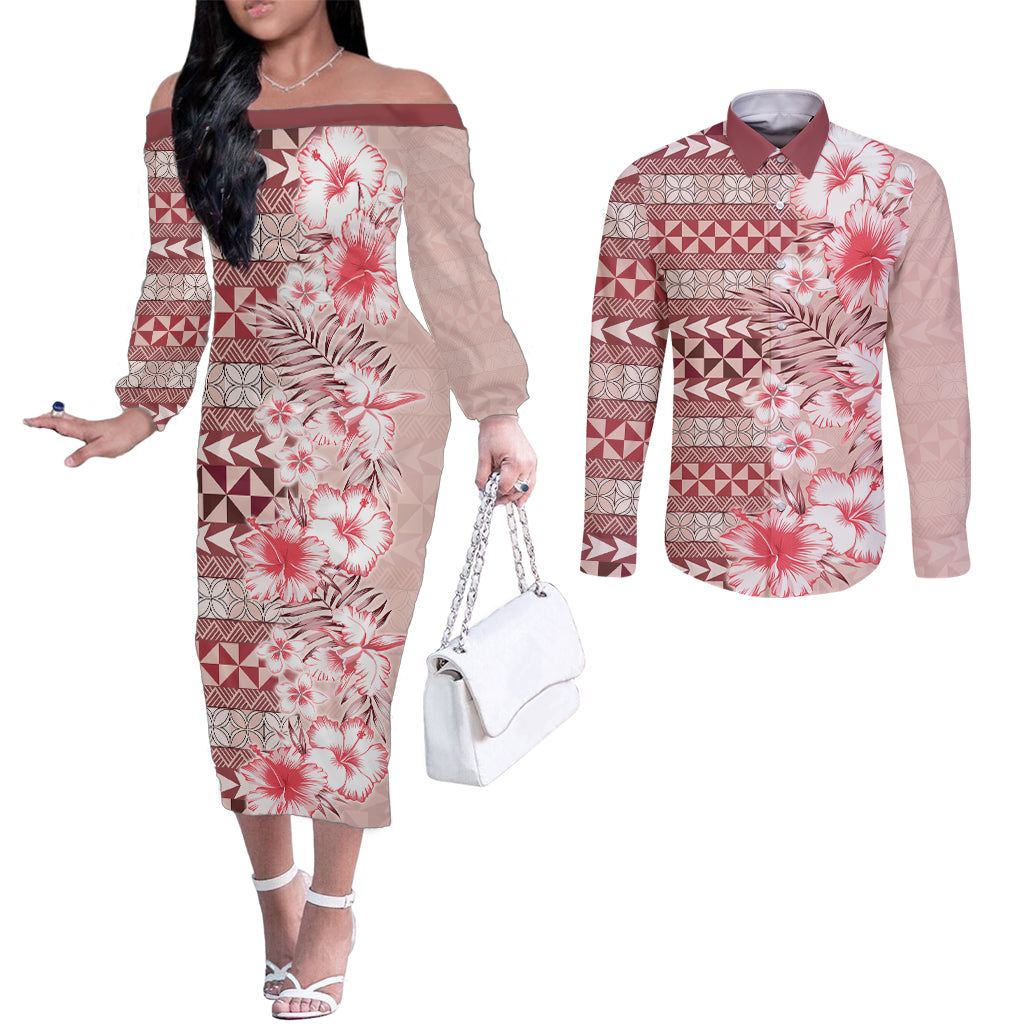 Pasifika Sataoa Pattern Plumeria Vintage Couples Matching Off The Shoulder Long Sleeve Dress and Long Sleeve Button Shirt Cherry LT9 Cherry - Polynesian Pride