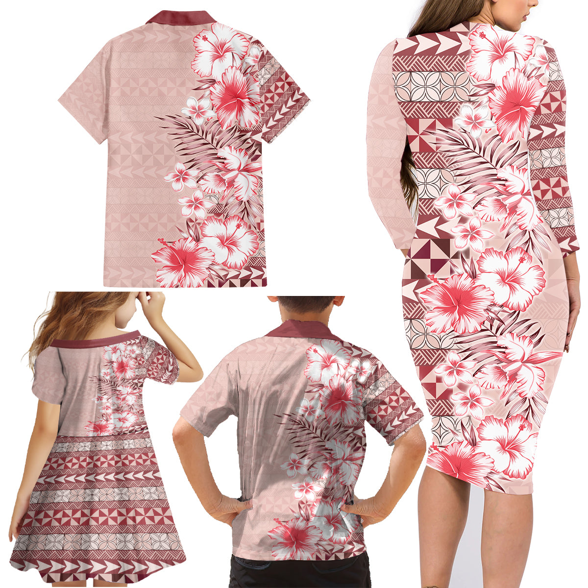 Pasifika Sataoa Pattern Plumeria Vintage Family Matching Long Sleeve Bodycon Dress and Hawaiian Shirt Cherry LT9 - Polynesian Pride
