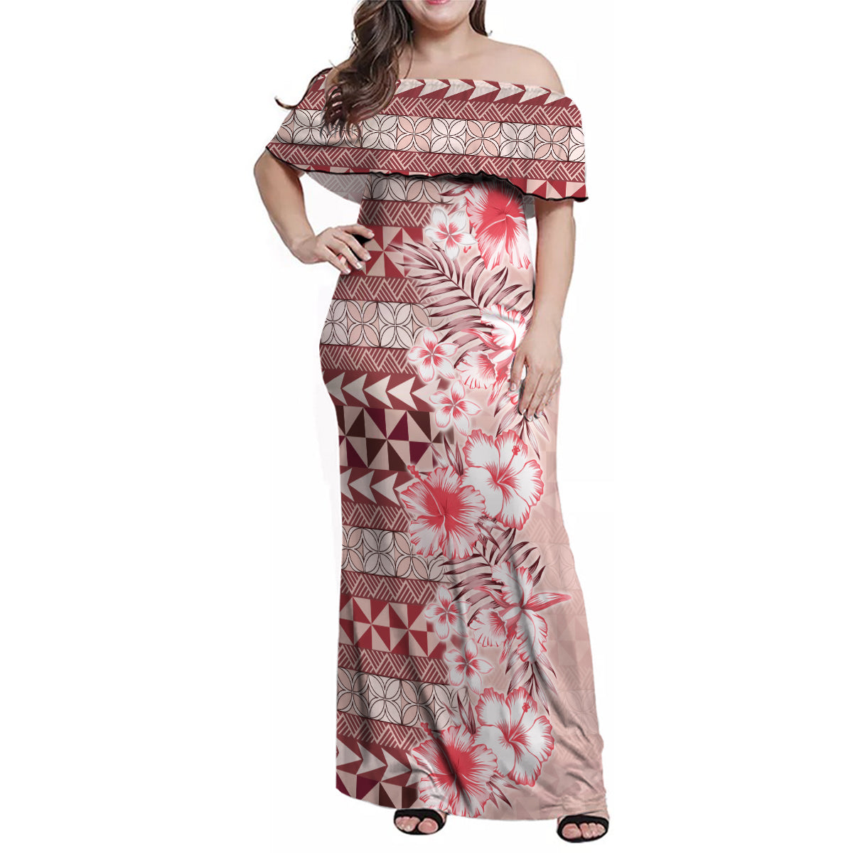 Pasifika Sataoa Pattern Plumeria Vintage Family Matching Off Shoulder Maxi Dress and Hawaiian Shirt Cherry LT9 Mom's Dress Cherry - Polynesian Pride