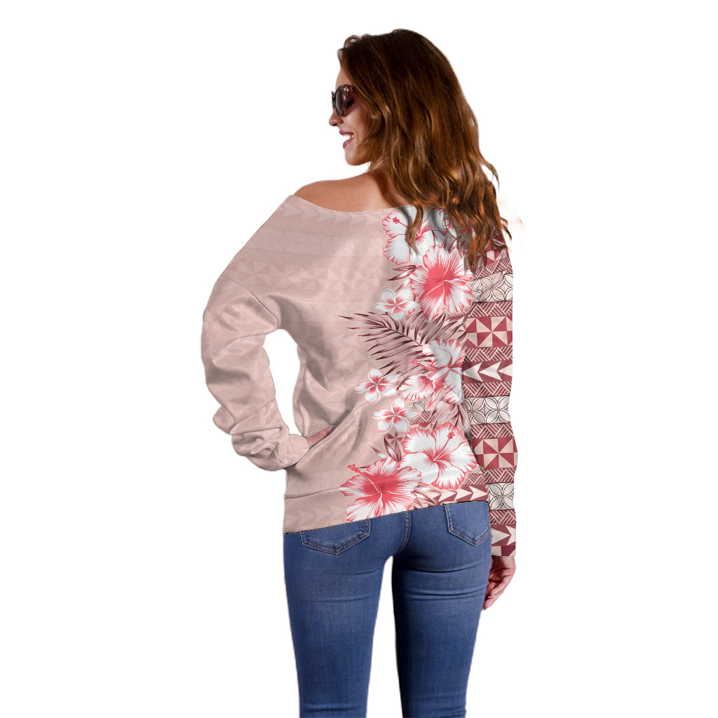 Pasifika Sataoa Pattern Plumeria Vintage Off Shoulder Sweater Cherry LT9 - Polynesian Pride