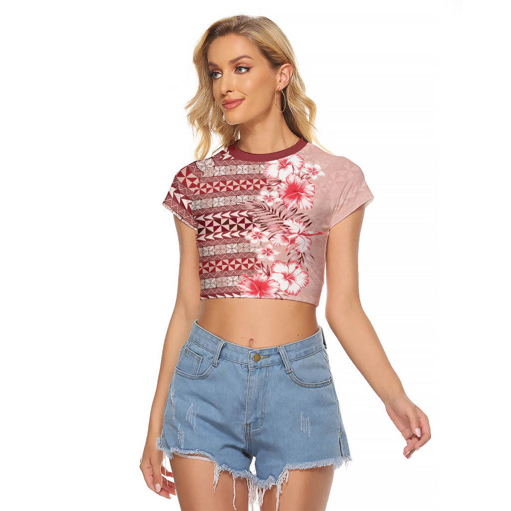 Pasifika Sataoa Pattern Plumeria Vintage Raglan Cropped T Shirt Cherry LT9 Female Cherry - Polynesian Pride