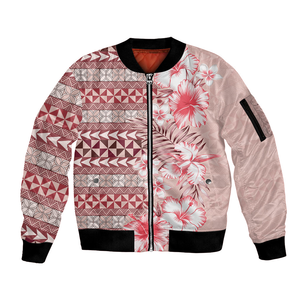 Pasifika Sataoa Pattern Plumeria Vintage Sleeve Zip Bomber Jacket Cherry LT9 Unisex Cherry - Polynesian Pride