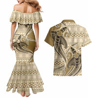 Vintage Hammerhead Shark Valentine Day Couples Matching Mermaid Dress and Hawaiian Shirt Pasifika Sataoa Pattern - Beige Tan LT9 - Polynesian Pride