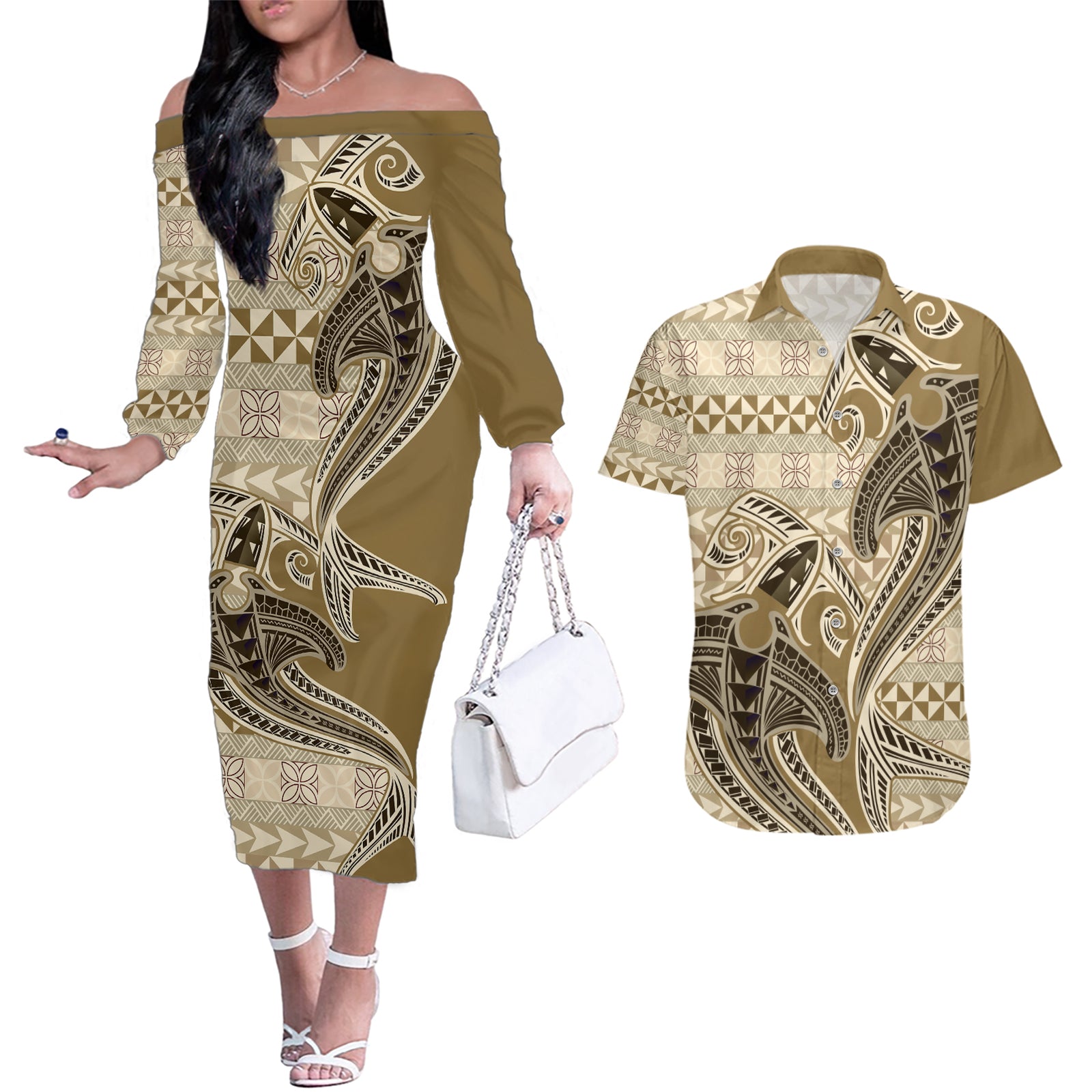 Vintage Hammerhead Shark Valentine Day Couples Matching Off The Shoulder Long Sleeve Dress and Hawaiian Shirt Pasifika Sataoa Pattern - Beige Tan LT9 Beige Tan - Polynesian Pride