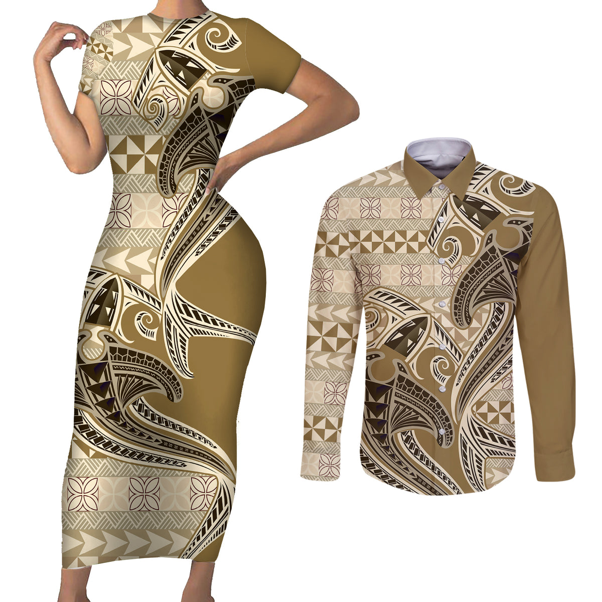 Vintage Hammerhead Shark Valentine Day Couples Matching Short Sleeve Bodycon Dress and Long Sleeve Button Shirt Pasifika Sataoa Pattern - Beige Tan LT9 Beige Tan - Polynesian Pride