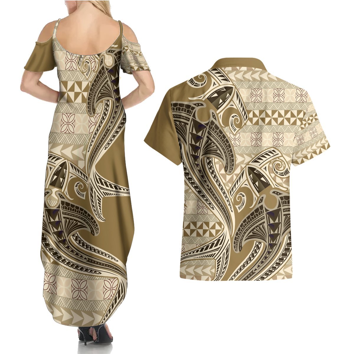 Vintage Hammerhead Shark Valentine Day Couples Matching Summer Maxi Dress and Hawaiian Shirt Pasifika Sataoa Pattern - Beige Tan LT9 - Polynesian Pride