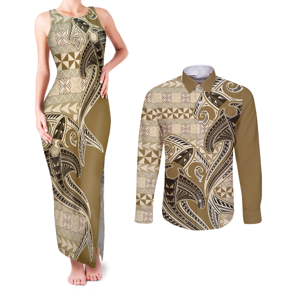 Vintage Hammerhead Shark Valentine Day Couples Matching Tank Maxi Dress and Long Sleeve Button Shirt Pasifika Sataoa Pattern - Beige Tan LT9 Beige Tan - Polynesian Pride