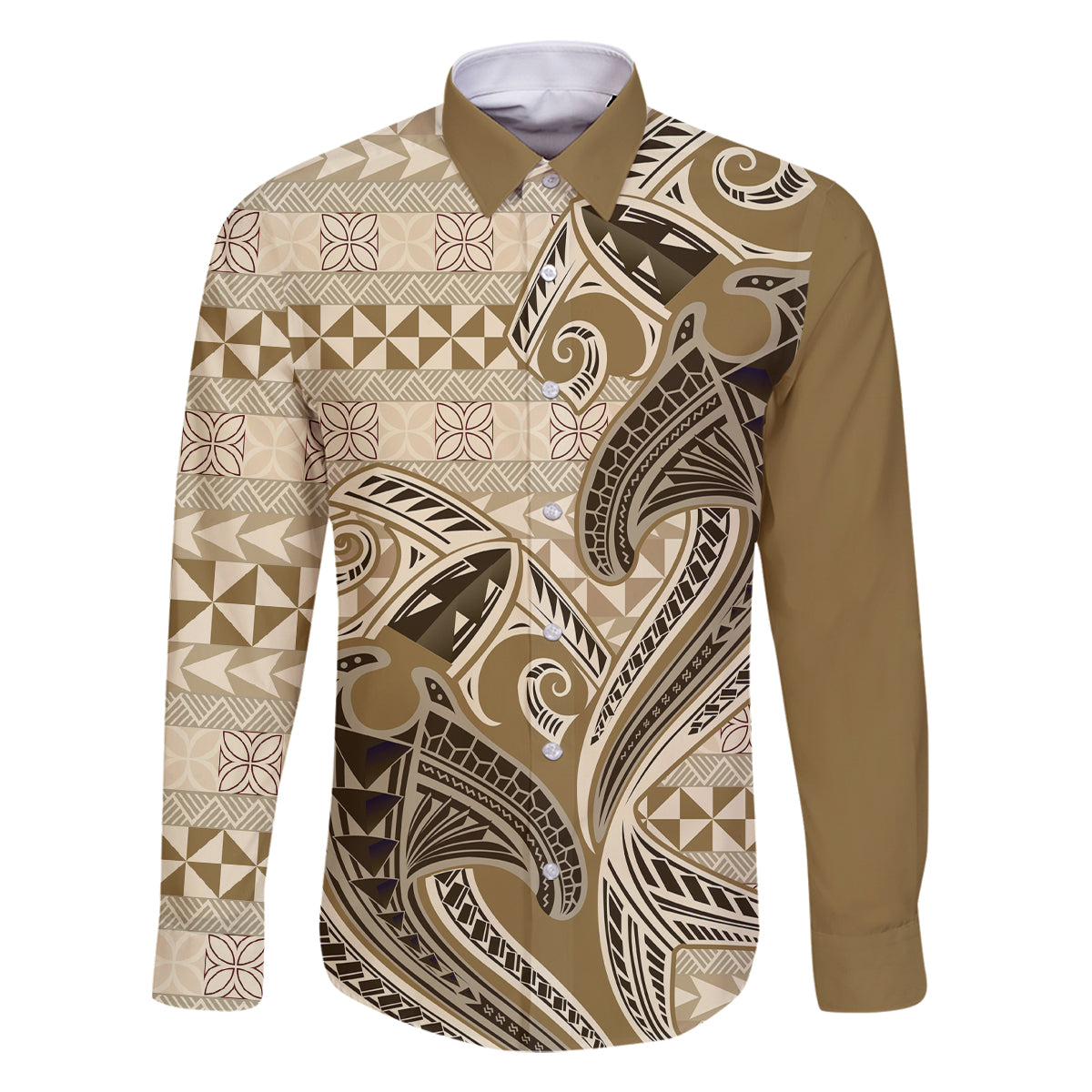 Vintage Hammerhead Shark Valentine Day Family Matching Off Shoulder Maxi Dress and Hawaiian Shirt Pasifika Sataoa Pattern - Beige Tan LT9 Dad's Shirt - Long Sleeve Beige Tan - Polynesian Pride
