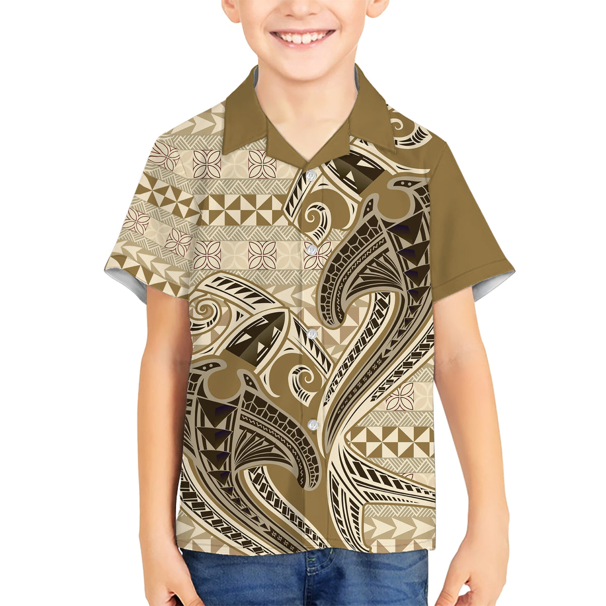 Vintage Hammerhead Shark Valentine Day Kid Hawaiian Shirt Pasifika Sataoa Pattern - Beige Tan LT9 Kid Beige Tan - Polynesian Pride