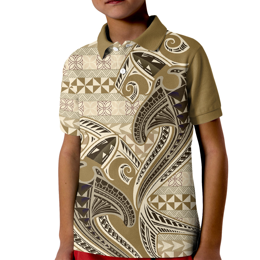 Vintage Hammerhead Shark Valentine Day Kid Polo Shirt Pasifika Sataoa Pattern - Beige Tan LT9 Kid Beige Tan - Polynesian Pride