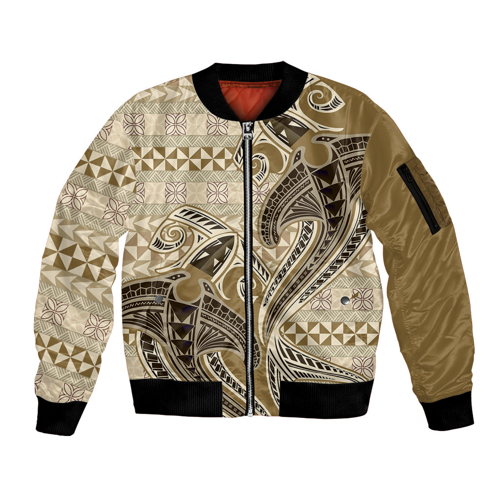 Vintage Hammerhead Shark Valentine Day Sleeve Zip Bomber Jacket Pasifika Sataoa Pattern - Beige Tan LT9 Unisex Beige Tan - Polynesian Pride