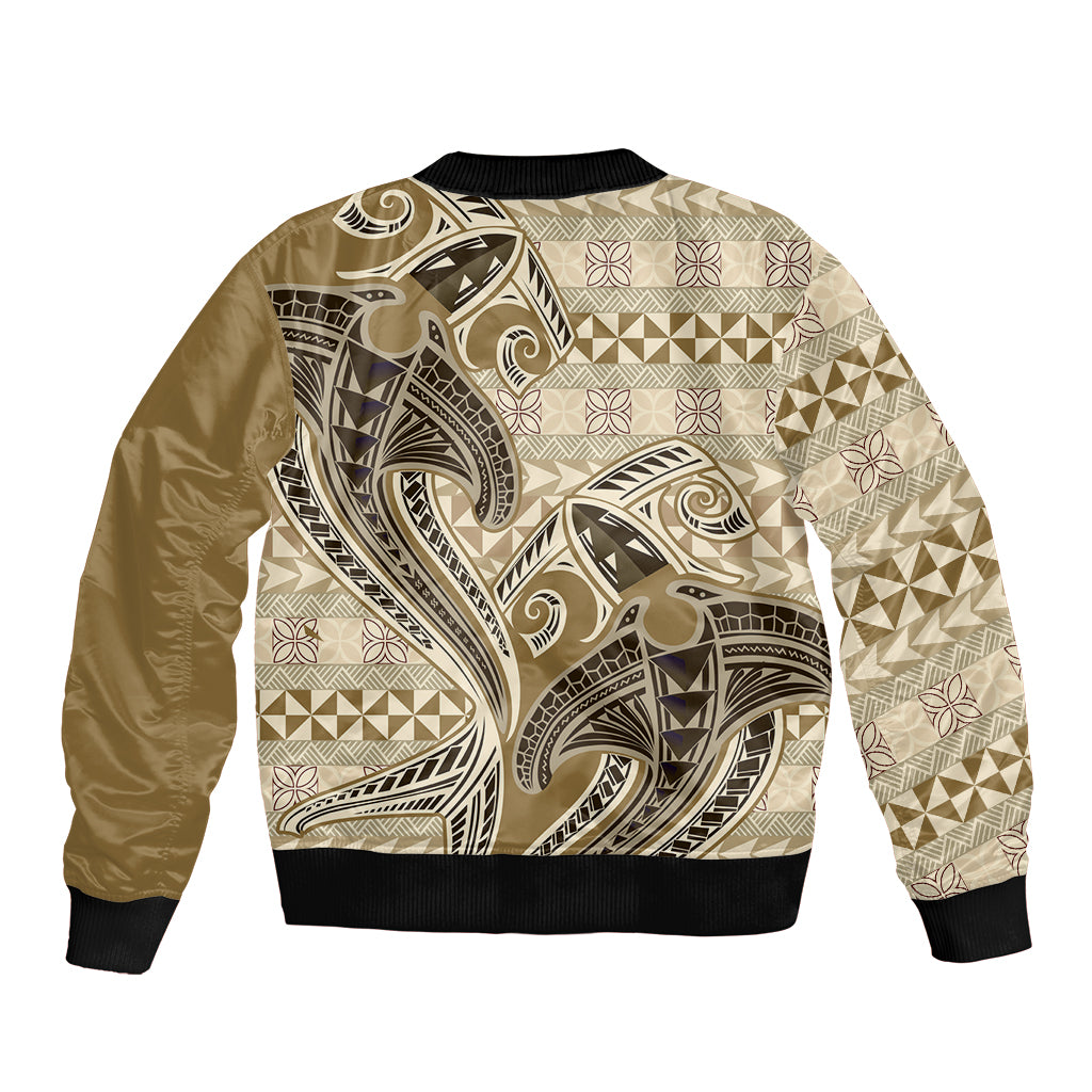 Vintage Hammerhead Shark Valentine Day Sleeve Zip Bomber Jacket Pasifika Sataoa Pattern - Beige Tan LT9 - Polynesian Pride
