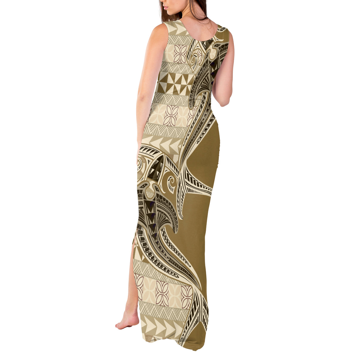 Vintage Hammerhead Shark Valentine Day Tank Maxi Dress Pasifika Sataoa Pattern - Beige Tan LT9 - Polynesian Pride