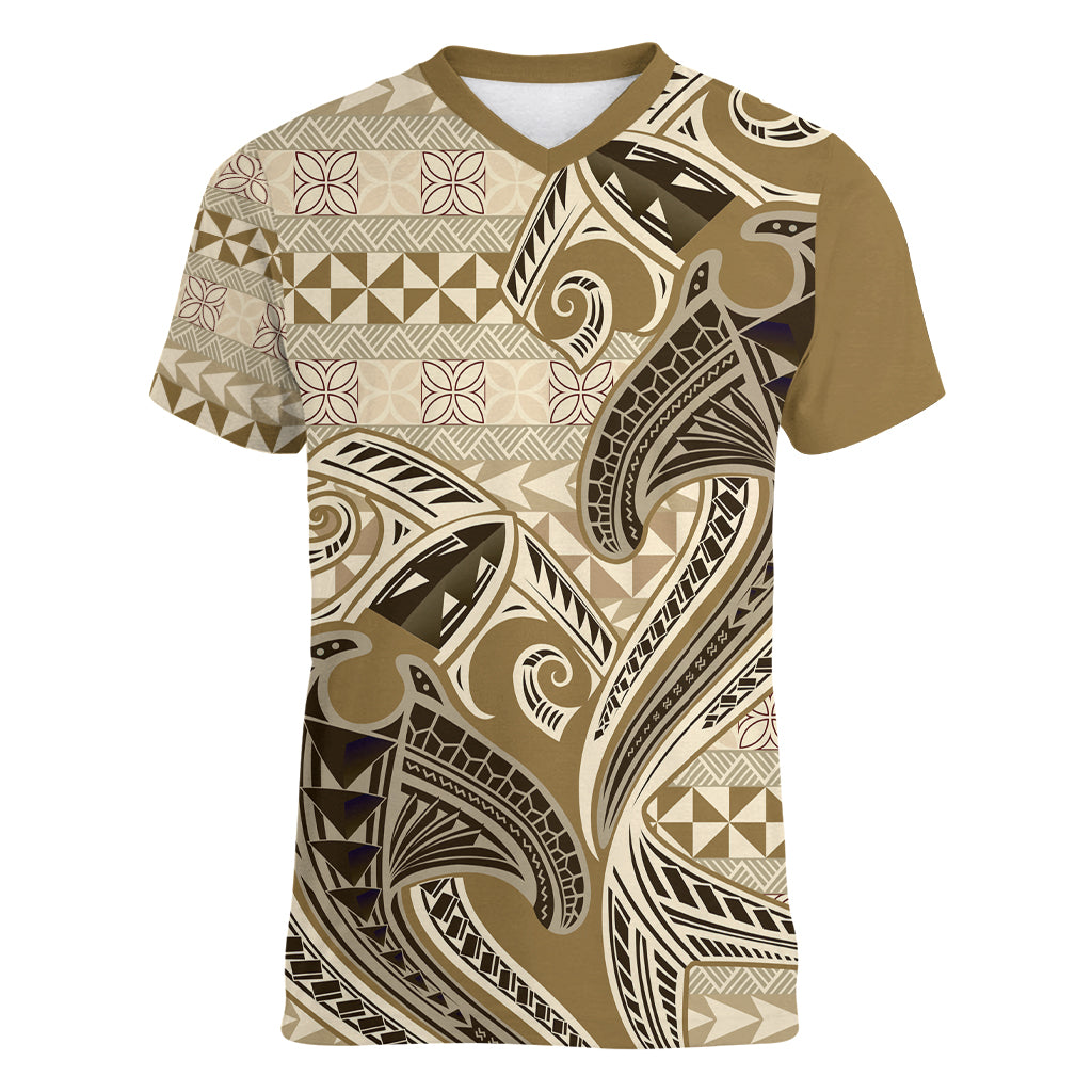Vintage Hammerhead Shark Valentine Day Women V Neck T Shirt Pasifika Sataoa Pattern - Beige Tan LT9 Female Beige Tan - Polynesian Pride