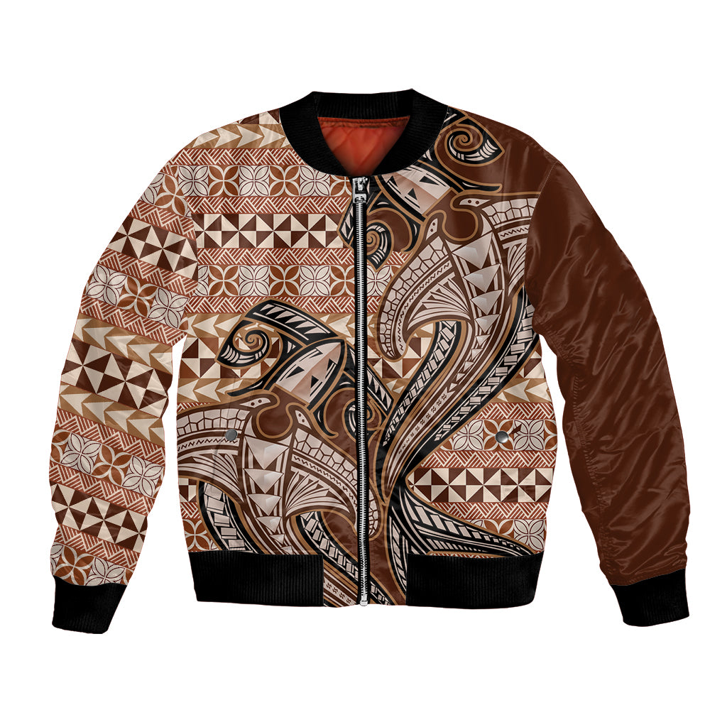 Vintage Hammerhead Shark Valentine Day Bomber Jacket Pasifika Sataoa Pattern - Brown Beige Tan LT9 Unisex Brown - Polynesian Pride