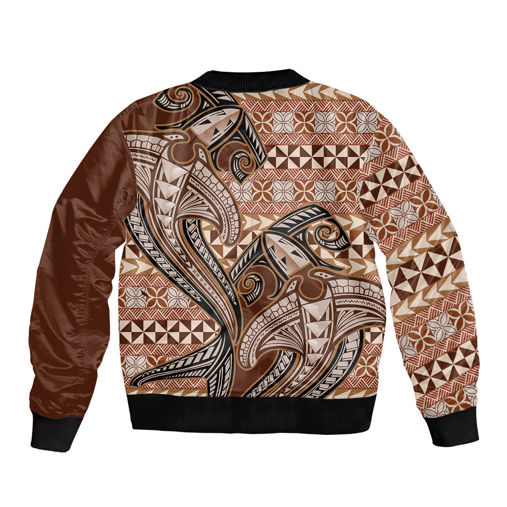 Vintage Hammerhead Shark Valentine Day Bomber Jacket Pasifika Sataoa Pattern - Brown Beige Tan LT9 - Polynesian Pride