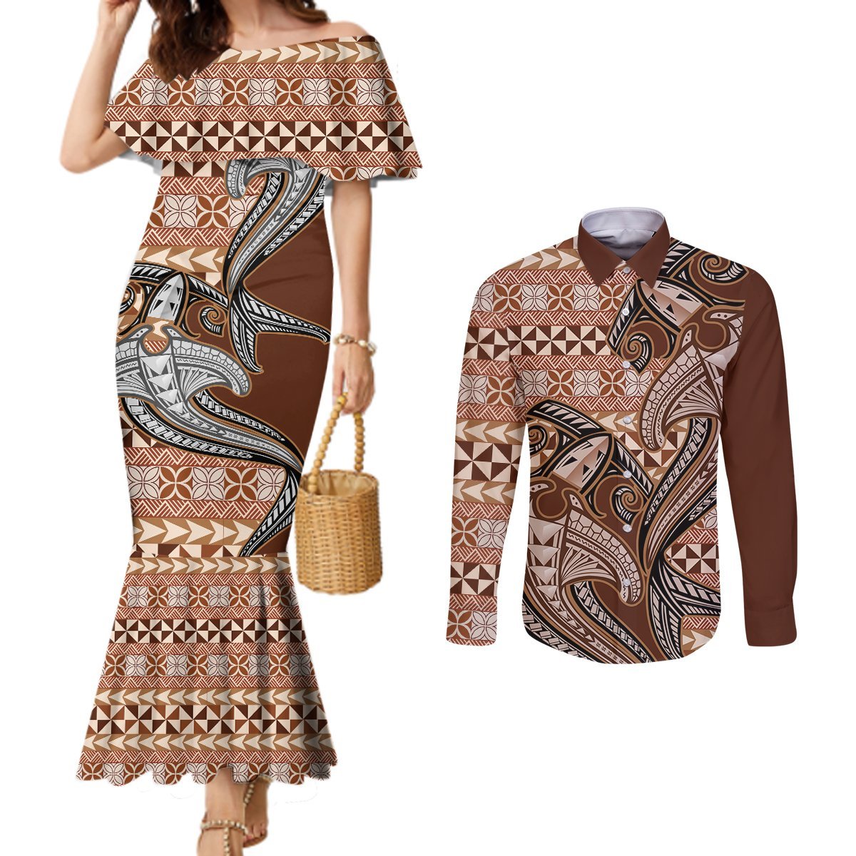 Vintage Hammerhead Shark Valentine Day Couples Matching Mermaid Dress and Long Sleeve Button Shirt Pasifika Sataoa Pattern - Brown Beige Tan LT9 Brown - Polynesian Pride