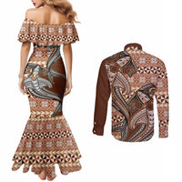Vintage Hammerhead Shark Valentine Day Couples Matching Mermaid Dress and Long Sleeve Button Shirt Pasifika Sataoa Pattern - Brown Beige Tan LT9 - Polynesian Pride