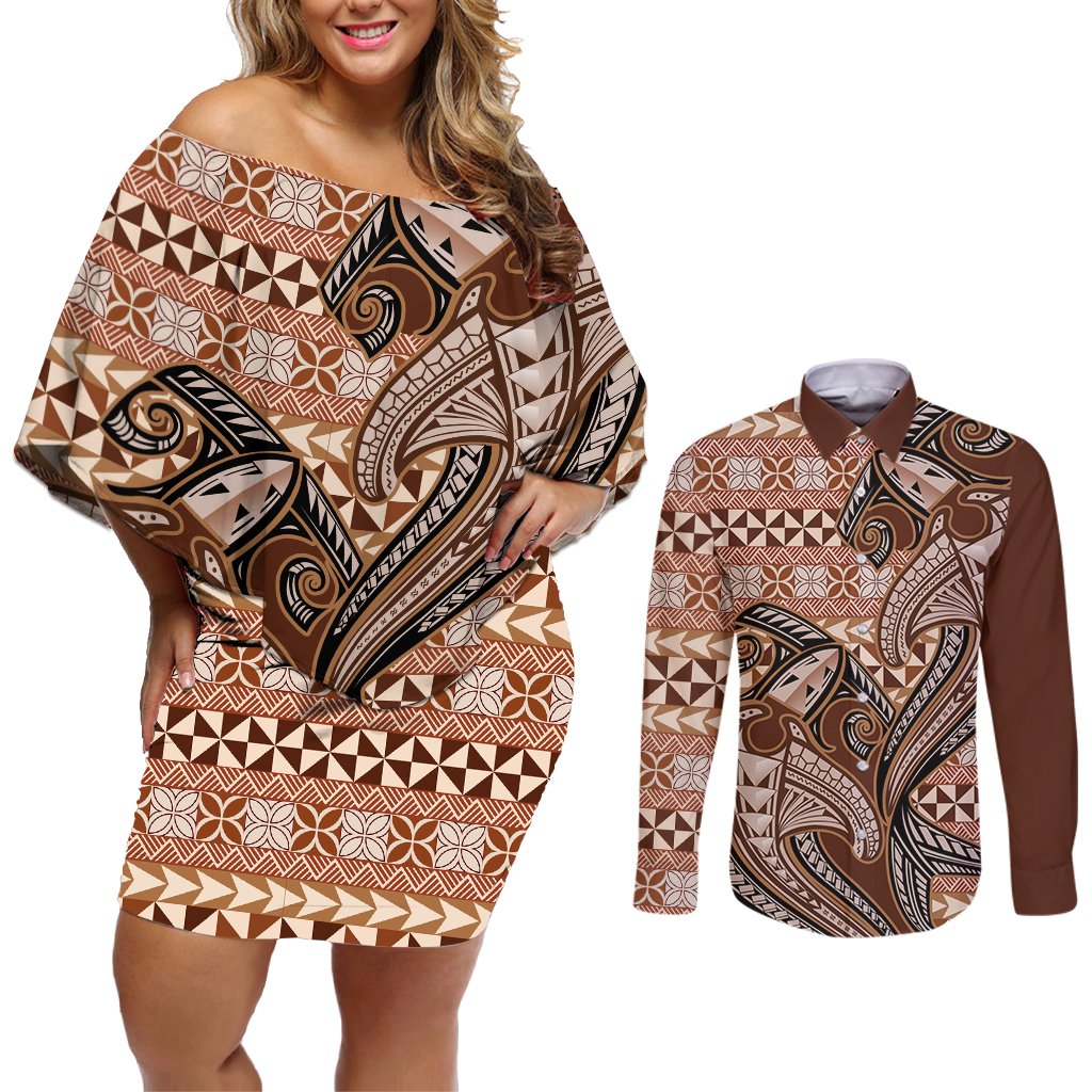 Vintage Hammerhead Shark Valentine Day Couples Matching Off Shoulder Short Dress and Long Sleeve Button Shirt Pasifika Sataoa Pattern - Brown Beige Tan LT9 Brown - Polynesian Pride