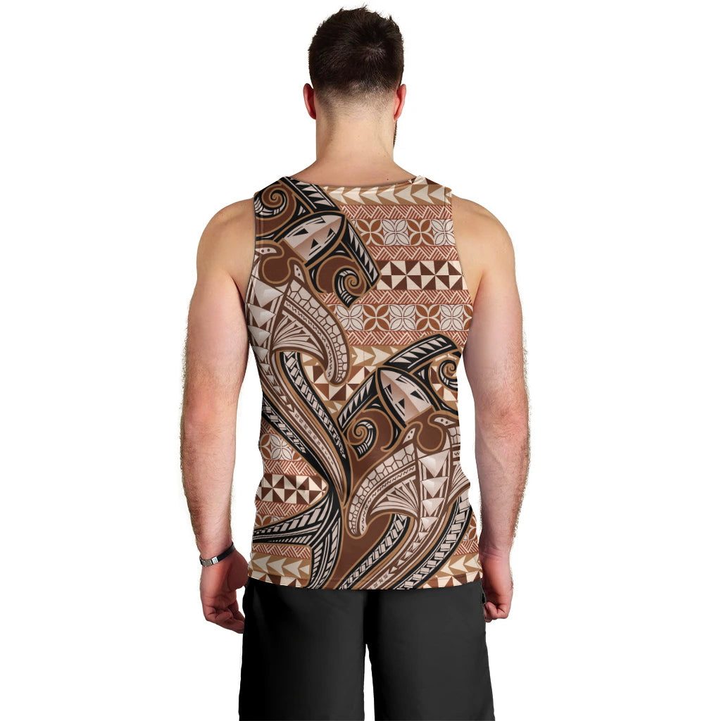 Vintage Hammerhead Shark Valentine Day Men Tank Top Pasifika Sataoa Pattern - Brown Beige Tan LT9 - Polynesian Pride