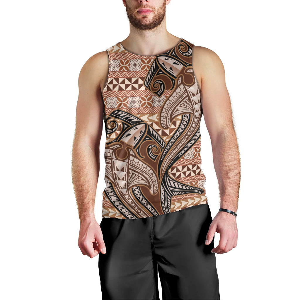 Vintage Hammerhead Shark Valentine Day Men Tank Top Pasifika Sataoa Pattern - Brown Beige Tan LT9 - Polynesian Pride