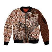 Vintage Hammerhead Shark Valentine Day Sleeve Zip Bomber Jacket Pasifika Sataoa Pattern - Brown Beige Tan LT9 Unisex Brown - Polynesian Pride