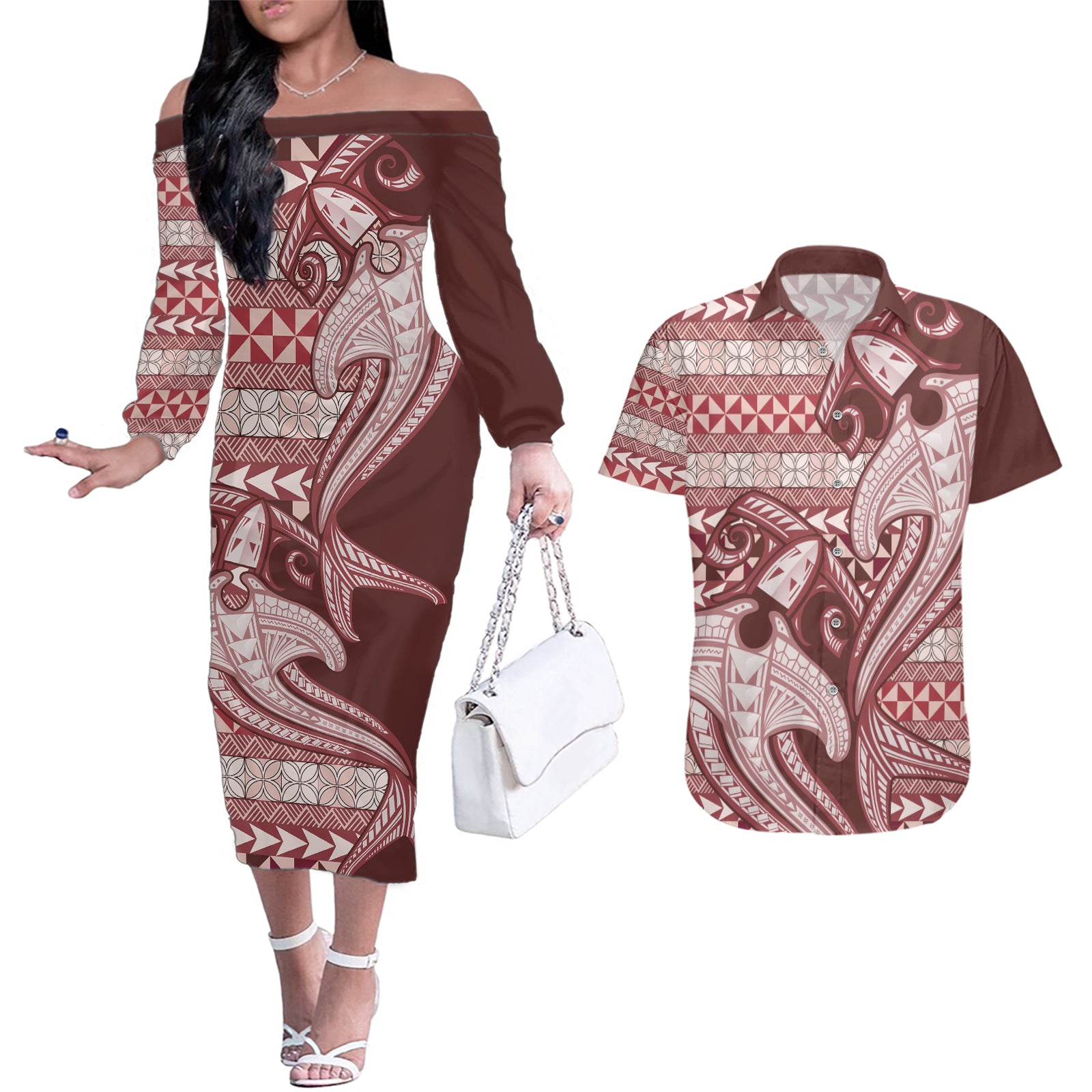 Vintage Hammerhead Shark Valentine Day Couples Matching Off The Shoulder Long Sleeve Dress and Hawaiian Shirt Pasifika Sataoa Pattern - Cherry LT9 Cherry - Polynesian Pride