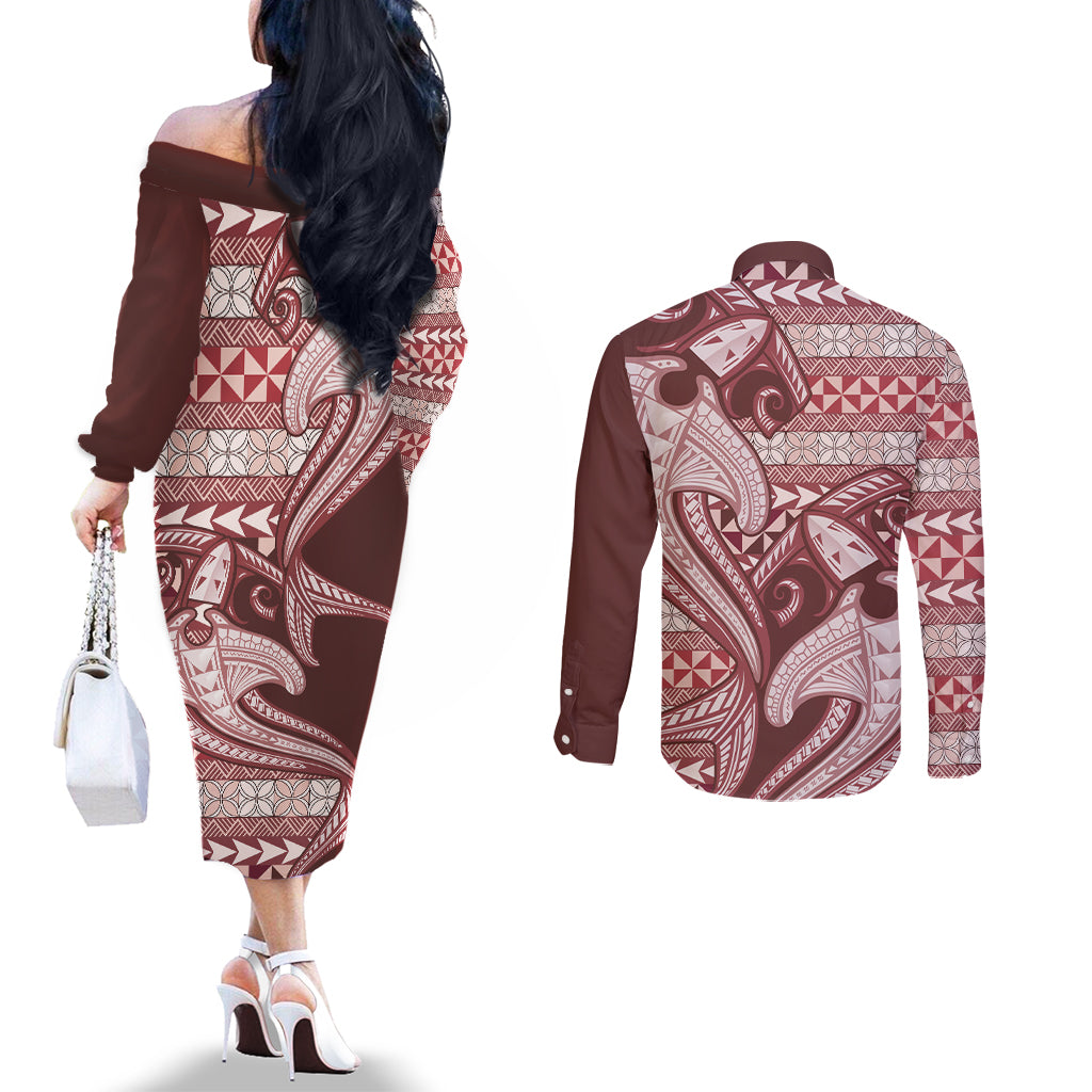 Vintage Hammerhead Shark Valentine Day Couples Matching Off The Shoulder Long Sleeve Dress and Long Sleeve Button Shirt Pasifika Sataoa Pattern - Cherry LT9 - Polynesian Pride