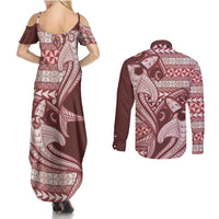 Vintage Hammerhead Shark Valentine Day Couples Matching Summer Maxi Dress and Long Sleeve Button Shirt Pasifika Sataoa Pattern - Cherry LT9 - Polynesian Pride