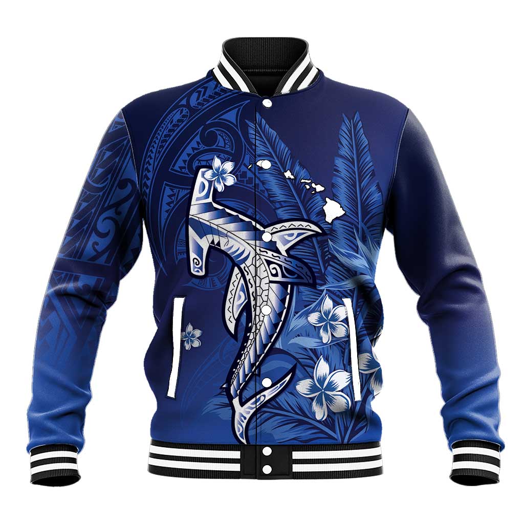 Personalized Hawaiian Maori Hammerhead Shark Baseball Jacket Polu Plumeria - Polynesian Pride