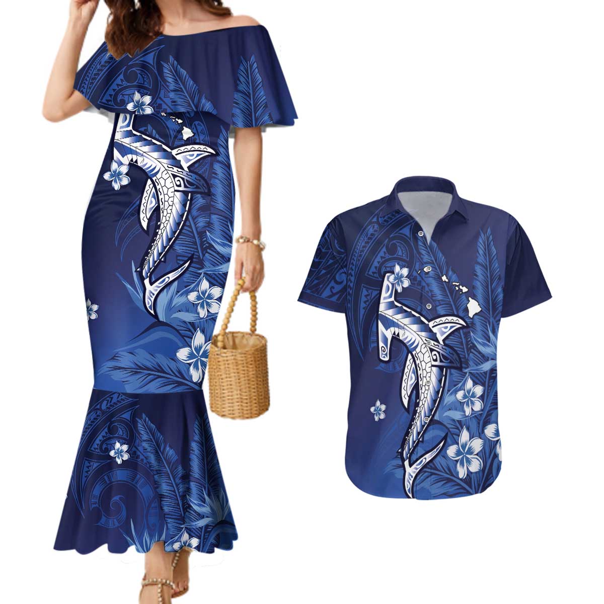 Personalized Hawaiian Maori Hammerhead Shark Couples Matching Mermaid Dress and Hawaiian Shirt Polu Plumeria LT9 Blue - Polynesian Pride