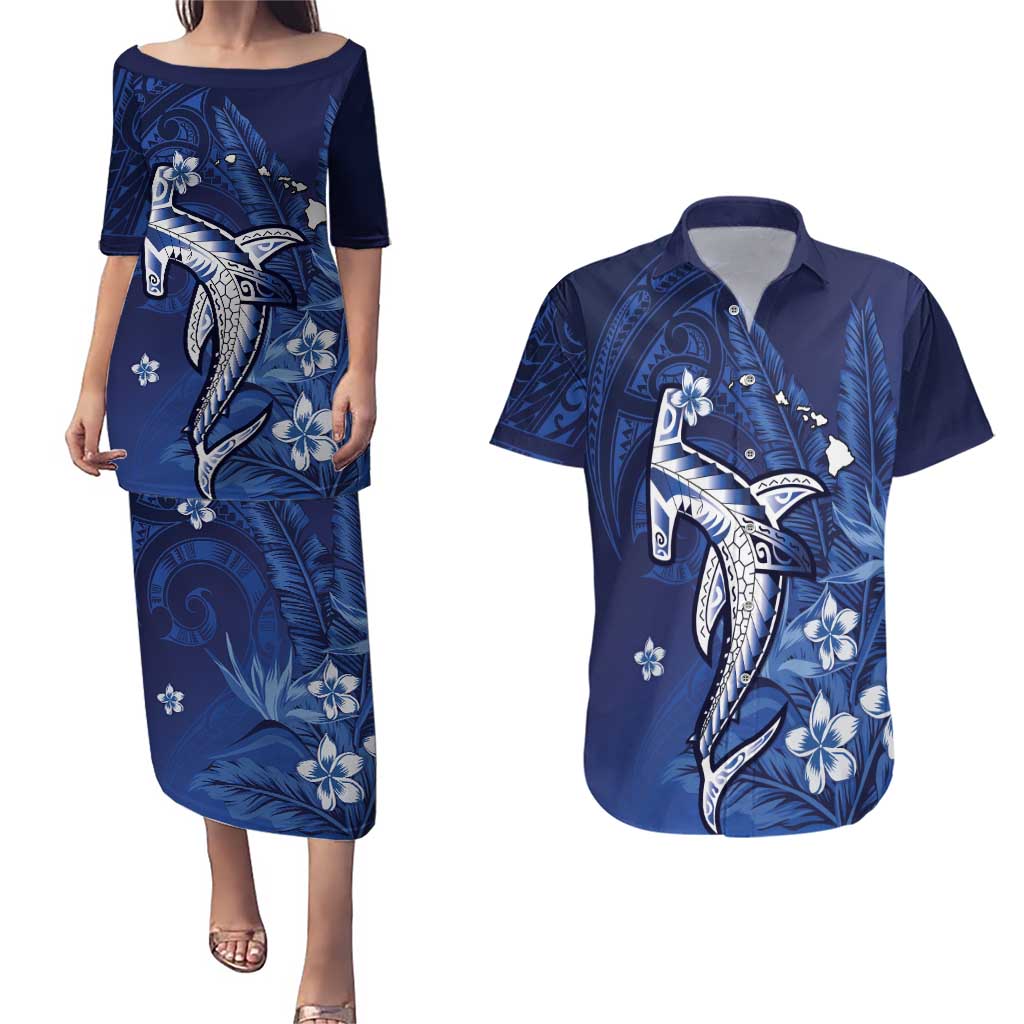 Personalized Hawaiian Maori Hammerhead Shark Couples Matching Puletasi and Hawaiian Shirt Polu Plumeria LT9 Blue - Polynesian Pride