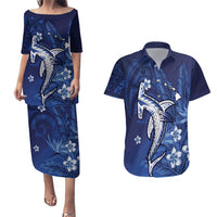 Personalized Hawaiian Maori Hammerhead Shark Couples Matching Puletasi and Hawaiian Shirt Polu Plumeria LT9 Blue - Polynesian Pride
