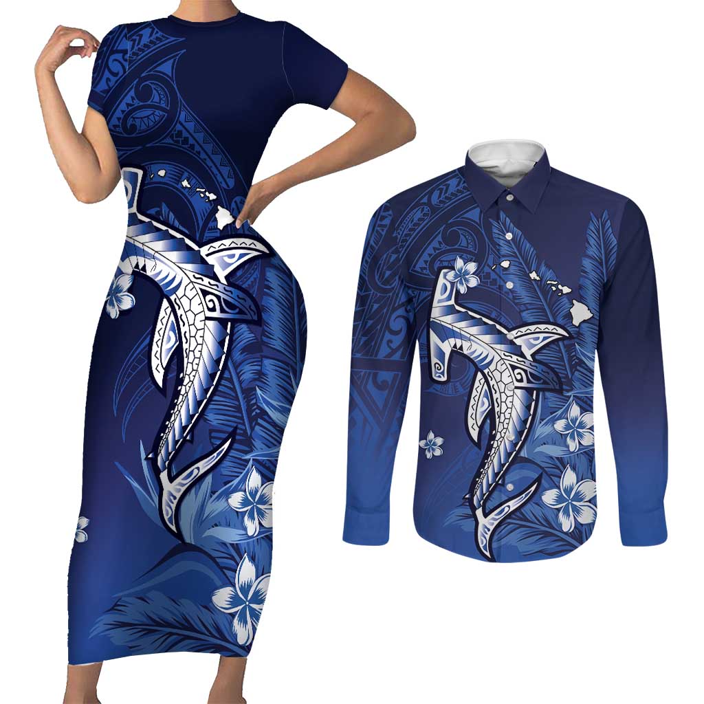 Personalized Hawaiian Maori Hammerhead Shark Couples Matching Short Sleeve Bodycon Dress and Long Sleeve Button Shirt Polu Plumeria LT9 Blue - Polynesian Pride