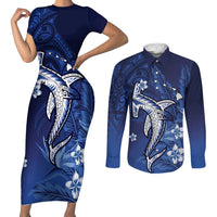 Personalized Hawaiian Maori Hammerhead Shark Couples Matching Short Sleeve Bodycon Dress and Long Sleeve Button Shirt Polu Plumeria LT9 Blue - Polynesian Pride