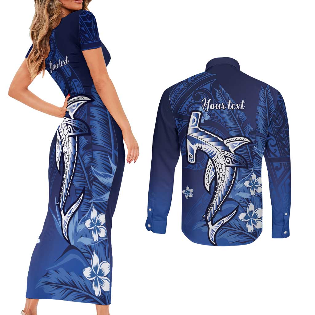 Personalized Hawaiian Maori Hammerhead Shark Couples Matching Short Sleeve Bodycon Dress and Long Sleeve Button Shirt Polu Plumeria LT9 - Polynesian Pride