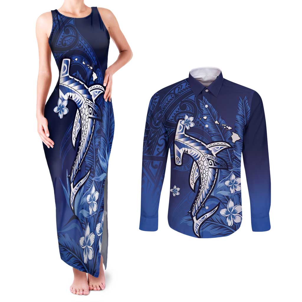Personalized Hawaiian Maori Hammerhead Shark Couples Matching Tank Maxi Dress and Long Sleeve Button Shirt Polu Plumeria LT9 Blue - Polynesian Pride