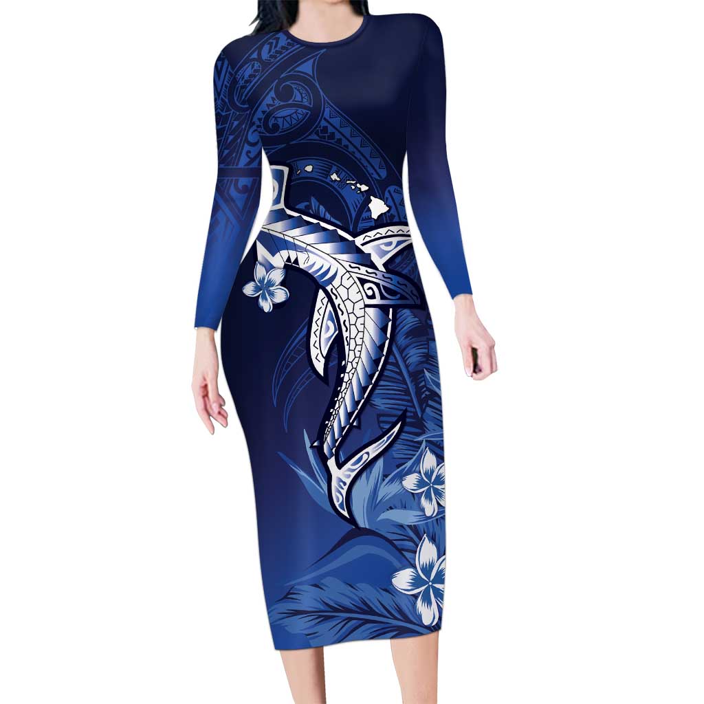 Personalized Hawaiian Maori Hammerhead Shark Family Matching Long Sleeve Bodycon Dress and Hawaiian Shirt Polu Plumeria