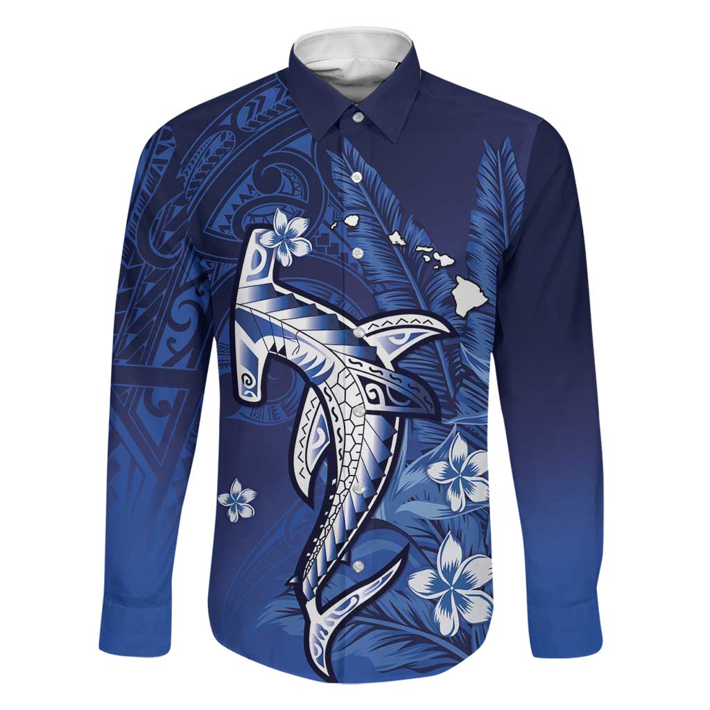 Personalized Hawaiian Maori Hammerhead Shark Family Matching Off The Shoulder Long Sleeve Dress and Hawaiian Shirt Polu Plumeria