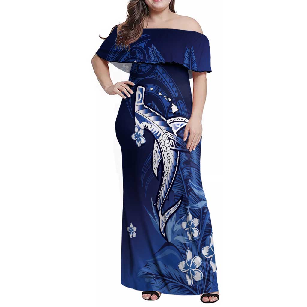 Personalized Hawaiian Maori Hammerhead Shark Family Matching Off Shoulder Maxi Dress and Hawaiian Shirt Polu Plumeria