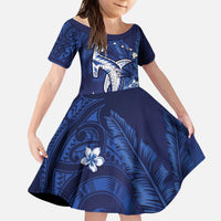 Personalized Hawaiian Maori Hammerhead Shark Kid Short Sleeve Dress Polu Plumeria LT9 KID Blue - Polynesian Pride