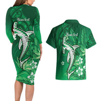 Personalized Hawaiian Maori Hammerhead Shark Couples Matching Long Sleeve Bodycon Dress and Hawaiian Shirt Omaomao Plumeria - Polynesian Pride