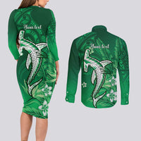 Personalized Hawaiian Maori Hammerhead Shark Couples Matching Long Sleeve Bodycon Dress and Long Sleeve Button Shirt Omaomao Plumeria LT9 - Polynesian Pride