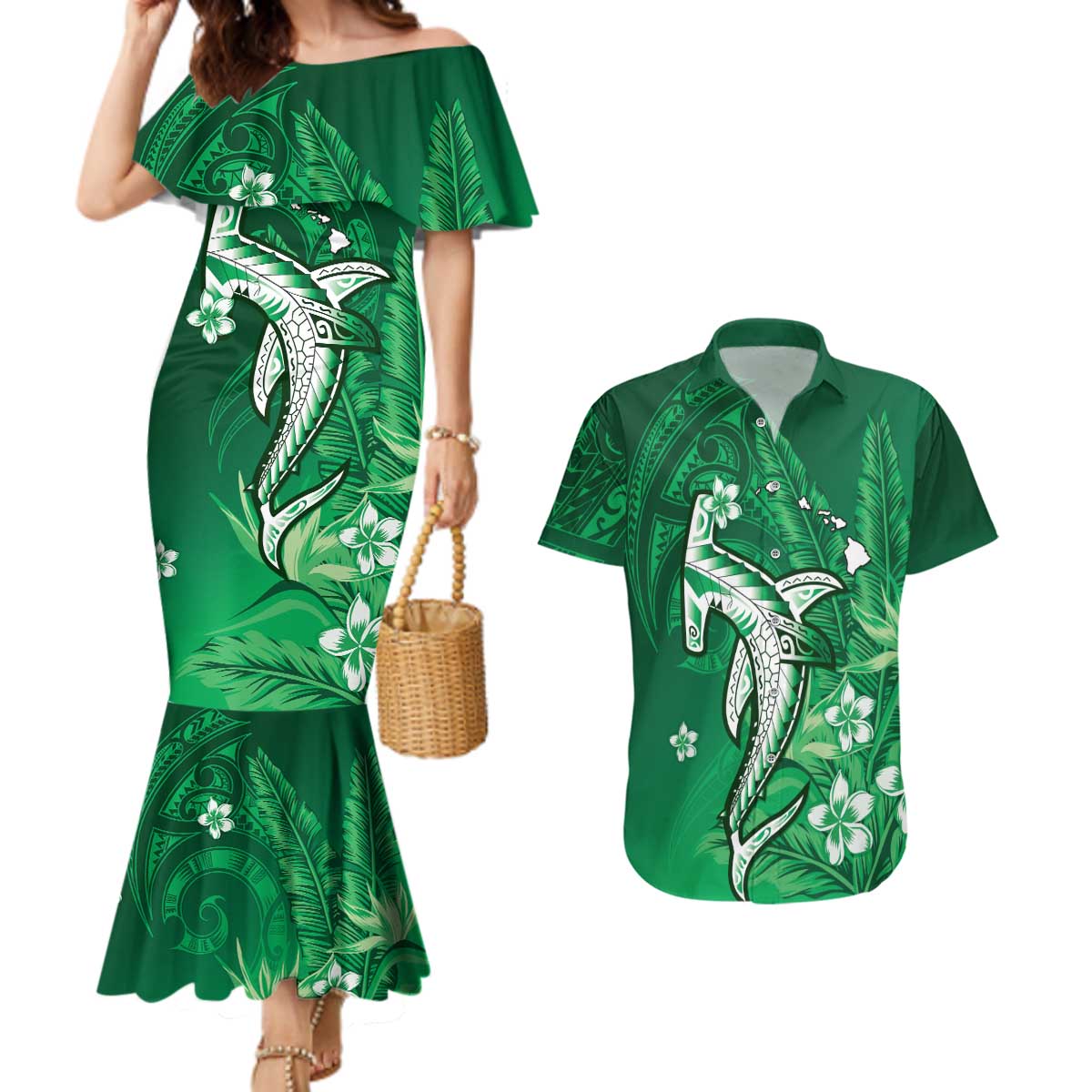 Personalized Hawaiian Maori Hammerhead Shark Couples Matching Mermaid Dress and Hawaiian Shirt Omaomao Plumeria - Polynesian Pride