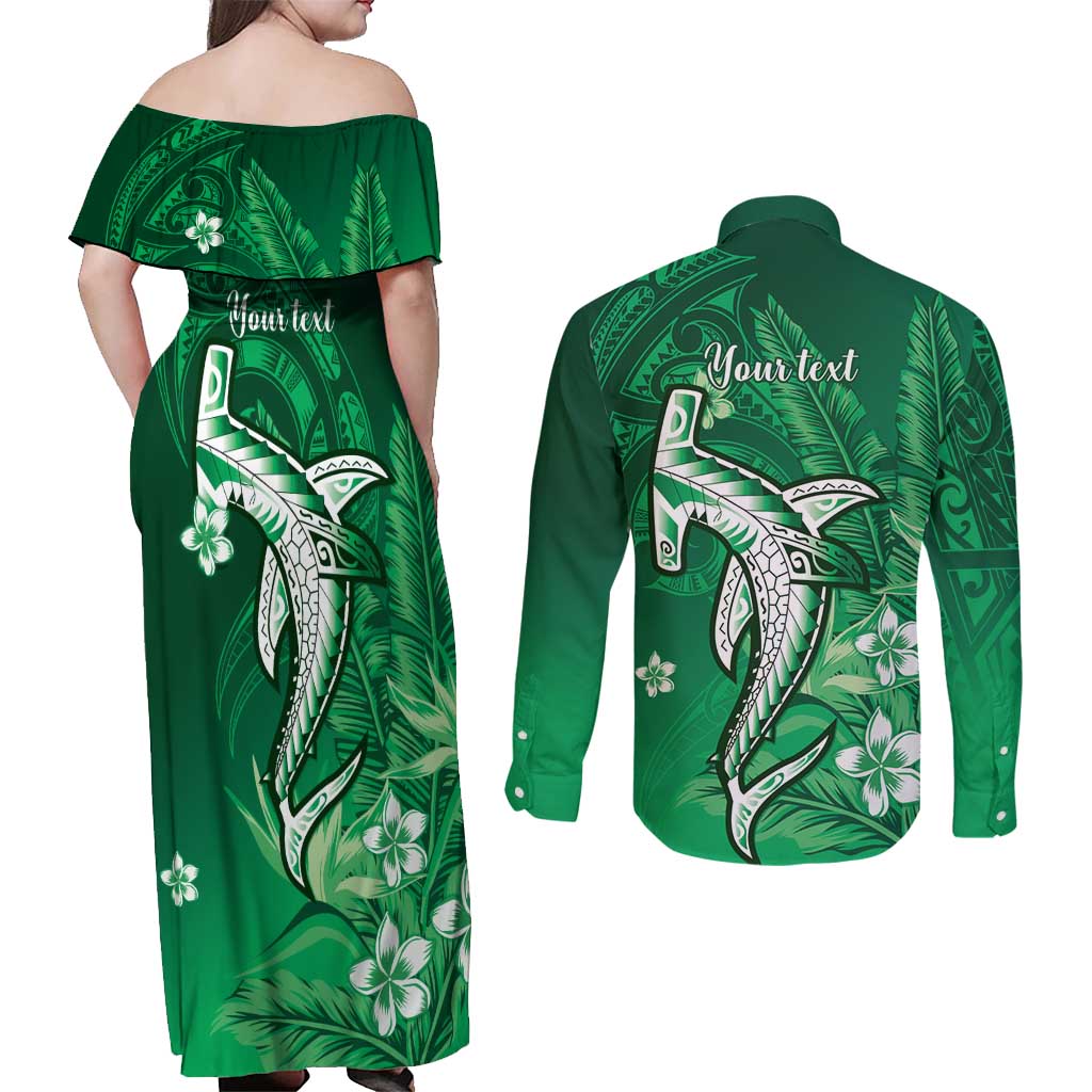 Personalized Hawaiian Maori Hammerhead Shark Couples Matching Off Shoulder Maxi Dress and Long Sleeve Button Shirt Omaomao Plumeria LT9 - Polynesian Pride
